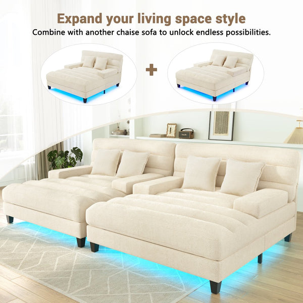English Elm Modern Chaise Lounge Sofa with Adjustable 6-Position Backrest and App-Controlled RGB LED Lighting, Plush Chenille Upholstery Beige N719P330968A
