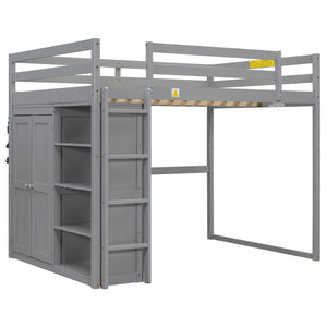 English Elm Wood Full Size Loft Bed with Built-in Wardrobe, 4-Tier Storage Shelves, LED Light, Pine MDF Durable Gray GX000463AAE