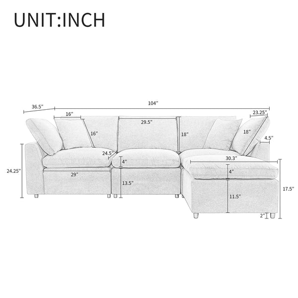 English Elm [ U_STYLE Down Filled Upholstery Convertible Sectional Sofa - 4‑Seat L-Shaped Couch with Reversible Chaise, Feather Fill, Removable Covers WY000388AAE