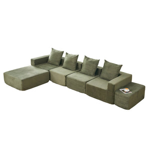 English Elm L-shaped Modular Sectional with Ottoman Corduroy Upholstery Four Seat Living Room Sofa Green W2699S00083