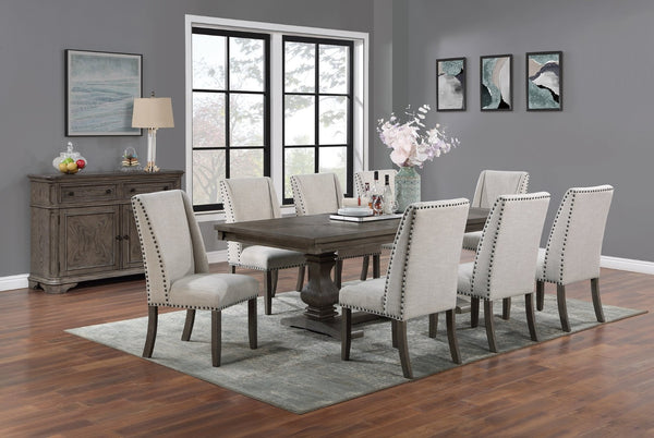English Elm Traditional Nine Piece Oak Dining Set with Wingback Chairs and Double Pedestal Table B011S01039
