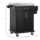 English Elm Homcom Kitchen Island On Wheels, Rolling Kitchen Cart With Stainless Steel Countertop, Drawer, Towel Rack and Spice Rack, Utility Storage Trolley, Black