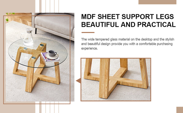 English Elm Modern wood-color MDF circular coffee table with tempered glass top, easy assembly, versatile style W1151P146796