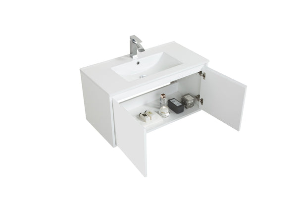 English Elm 36" Floating Bathroom Vanity Base Glossy White Wall Mount Soft Close Cabinet W1920P263626