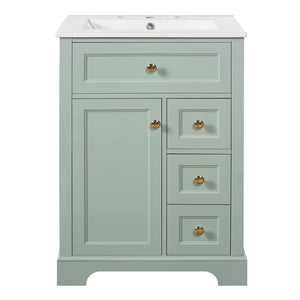 English Elm "24'' 24 Inch Glossy Freestanding Bathroom Vanity with Gold Hardware and Soft Close Storage Green Pinewood N725P375495F