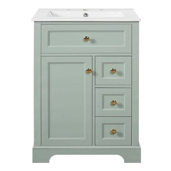 English Elm "24'' 24 Inch Glossy Freestanding Bathroom Vanity with Gold Hardware and Soft Close Storage Green Pinewood N725P375495F