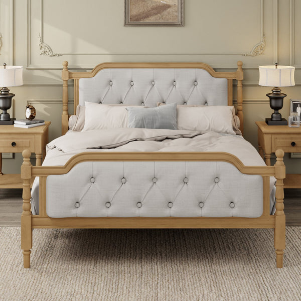 English Elm Traditional Solid Wood Bed Frame with Tufted Upholstered Headboard, No Box Spring Needed, Sturdy 400 lb Capacity Walnut 57.5 L x 22.5 W x 10.5 H N701P242546N