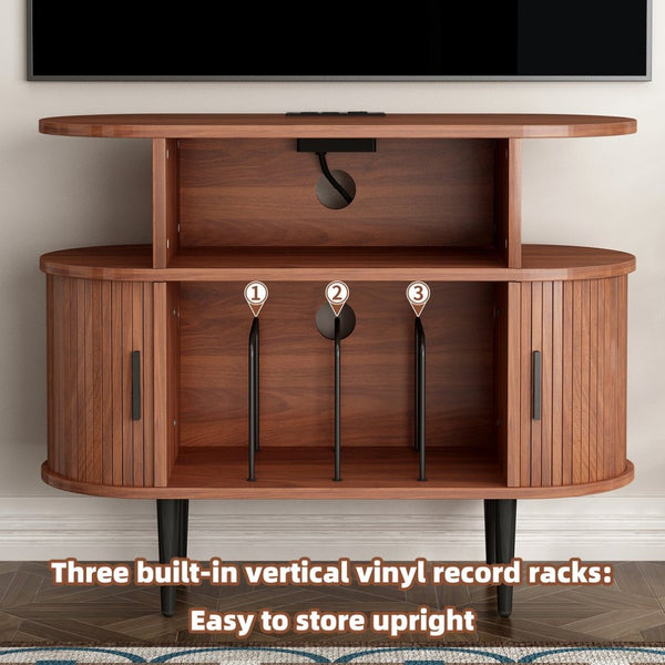 English Elm Large Mid Century Walnut Turntable Stand with Vinyl Storage and Built in Usb Charging W2641P442531
