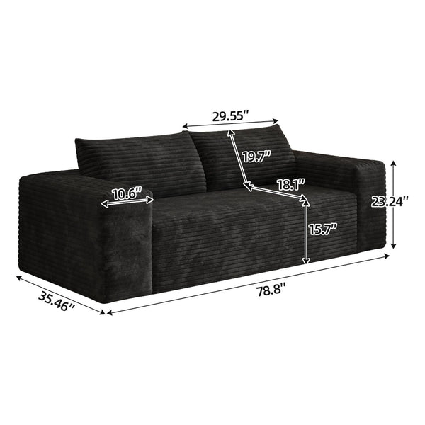 English Elm 78.8" Corduroy Three Seat Sofa Deep Cushioned Low Profile Couch for Modern Living Rooms Black W2824P409862