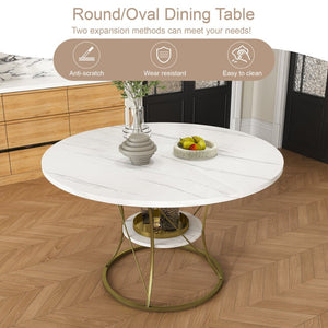 English Elm 43 Inch Expandable Round Dining Table Walnut Veneer Seats Six with Metal Storage Shelf Walnut+Gold W2700P411581