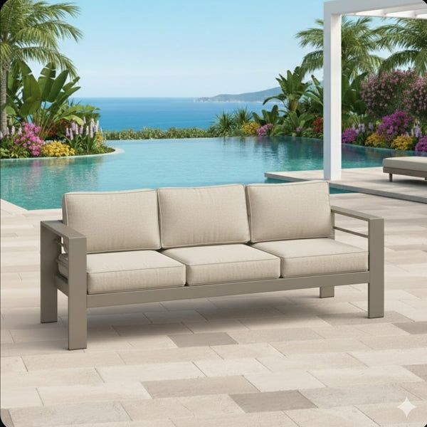 English Elm 75" Outdoor Iron Frame 3 Seat Patio Sofa with Olefin Cushions for Deck or Poolside Light Khaki+Beige B082P455110