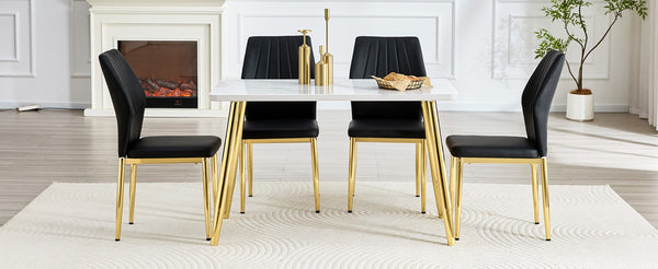 English Elm Table and Chair Set Marble Glass Top Gold Legs Modern 5 Piece Dining for Small Spaces White+Gold W1151S04636