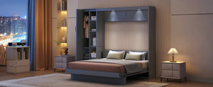 English Elm Queen Murphy Wall Bed with Led Lighting Open Shelves and Wardrobe Cabinet Storage LP000899AAE
