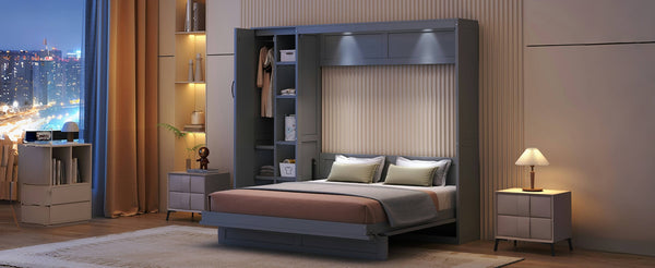 English Elm Queen Murphy Wall Bed with Led Lighting Open Shelves and Wardrobe Cabinet Storage LP000899AAE