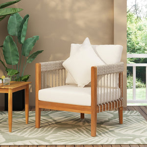 English Elm Christopher Knight Home® - Acacia Wood Outdoor Club Chair with Handwoven Rope, Curved Back & Water-Resistant Cushions for Patio Natural+Beige N767P265743N