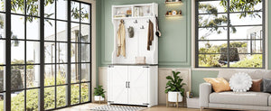 English Elm On-Trend Farmhouse 4-In-1 Hall Tree With Movable Bench, 7 Hooks, Shoe Storage & Barn Doors, White N721P205788K-GIGA