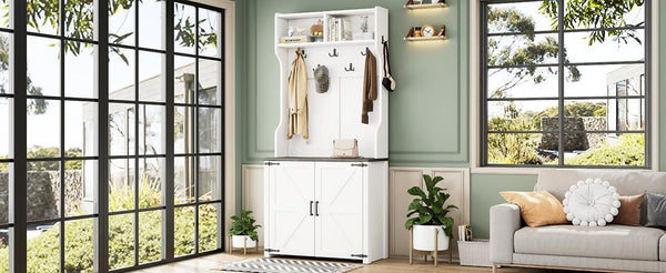 English Elm On-Trend Farmhouse 4-In-1 Hall Tree With Movable Bench, 7 Hooks, Shoe Storage & Barn Doors, White N721P205788K-GIGA