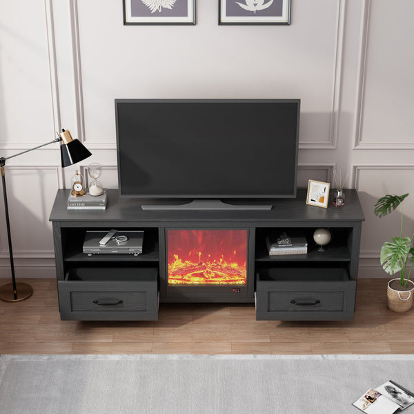 English Elm 70.08 Black TV Stand with 2 Drawers & 4 Open Compartments, Supports 200lbs, Fireplace-Compatible, Sturdy Design W881P224253