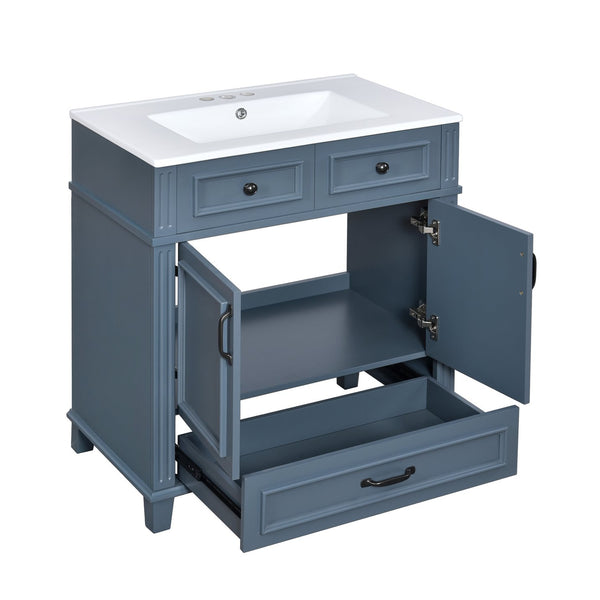 English Elm 30'' Bathroom Vanity with Sink - Retro Solid Wood Frame, Ceramic Basin, Soft-Close Doors & Ample Storage Blue N710P190656C