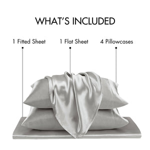 JLA Home Madison Park Essentials - Luxury Satin 6-Piece Sheet Set with Wrinkle-Resistant, OEKO-TEX Certified Silky Comfort for Sleep Light Grey MPE20-909
