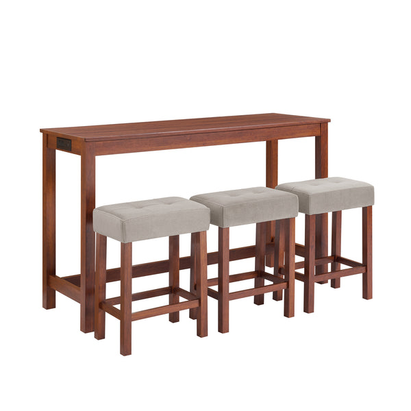 English Elm 59 59 Inch Bar Table Set with Power Outlet, 3 Upholstered Stools, Solid Wood MDF Linen Seats, Durable Load Capacity W2972P355432