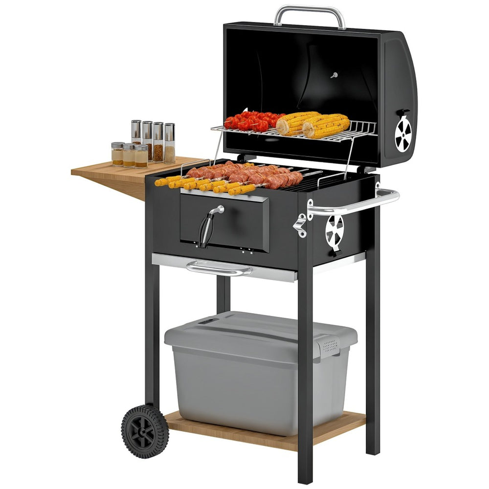 English Elm Outsunny Barrel Charcoal Grill with Side Table Shelf Wheels and Lid Thermometer W2225P485632