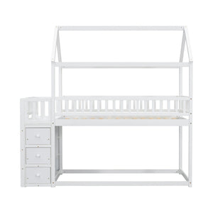 English Elm Twin/twin House Bunk Bed Solid Pine Playhouse Frame with Storage Drawers Shelves White W697S00032