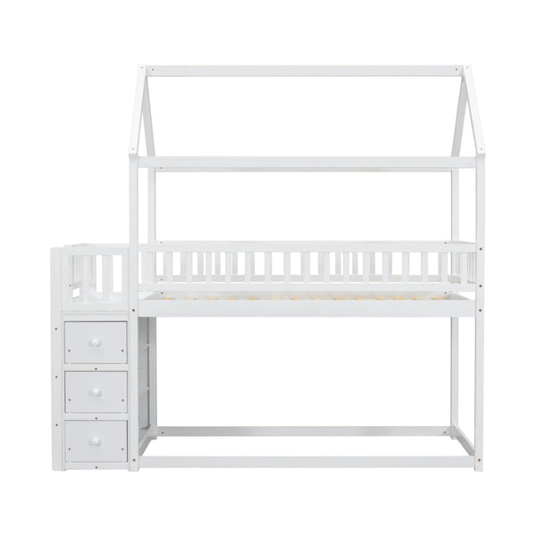 English Elm Twin/twin House Bunk Bed Solid Pine Playhouse Frame with Storage Drawers Shelves White W697S00032