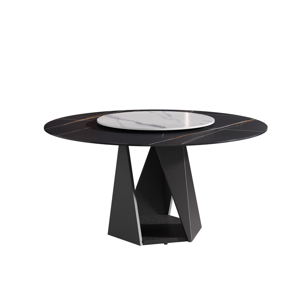 English Elm 59.05" Round Marble Dining Table With Lazy Susan, Black Iron Base For 6-8 People, Elegant Centerpiece W1535S00405