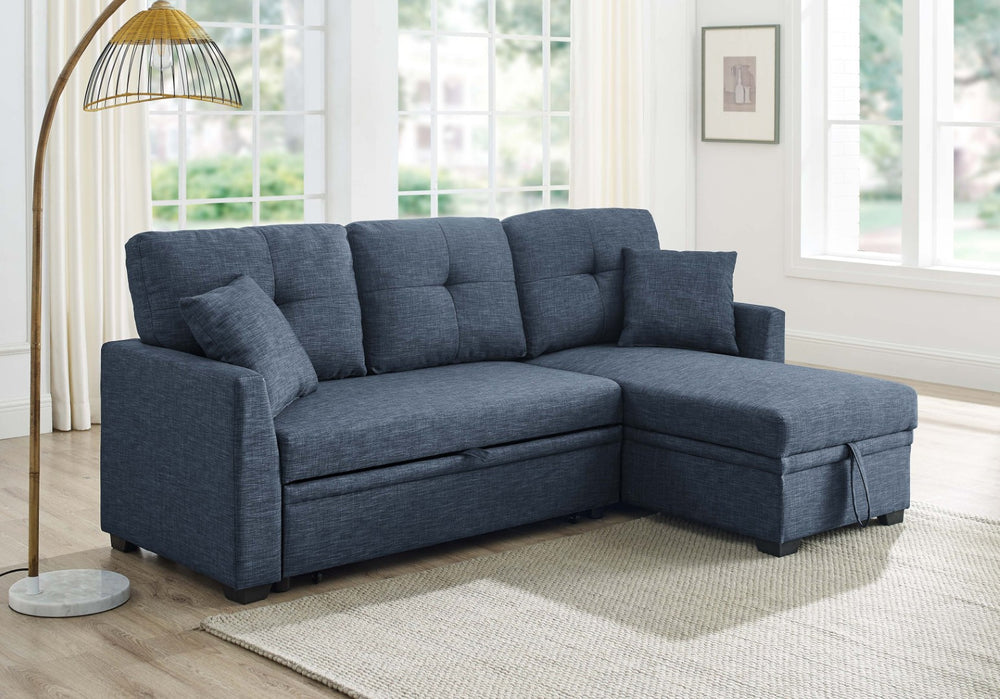 English Elm 76.5" Chenille Tufted Sectional Sleeper Sofa with Reversible Chaise and Hidden Storage Dark Blue B2748S00003