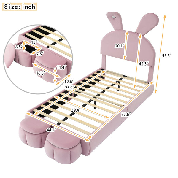 English Elm Twin Upholstered Platform Bed with Cute Cartoon Ears Headboard, LED Light, Adjustable Height, Pink WF321677AAH