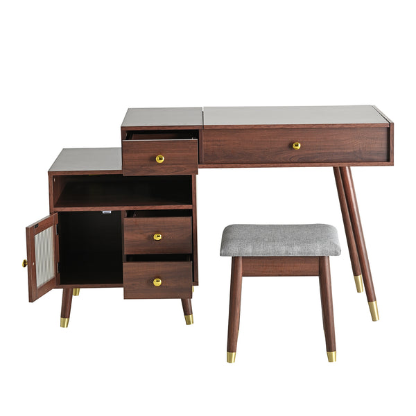 English Elm 3-in-1 Vanity Desk with LED Flip Mirror, Compact Makeup/Dressing Table with Storage Drawers & Stool Walnut N844P291656W
