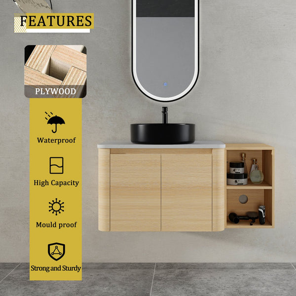 English Elm 42'' Wall-Mounted Bathroom Vanity With Ceramic Sink, Soft-Close Doors & Spacious Storage Solution W999S00474