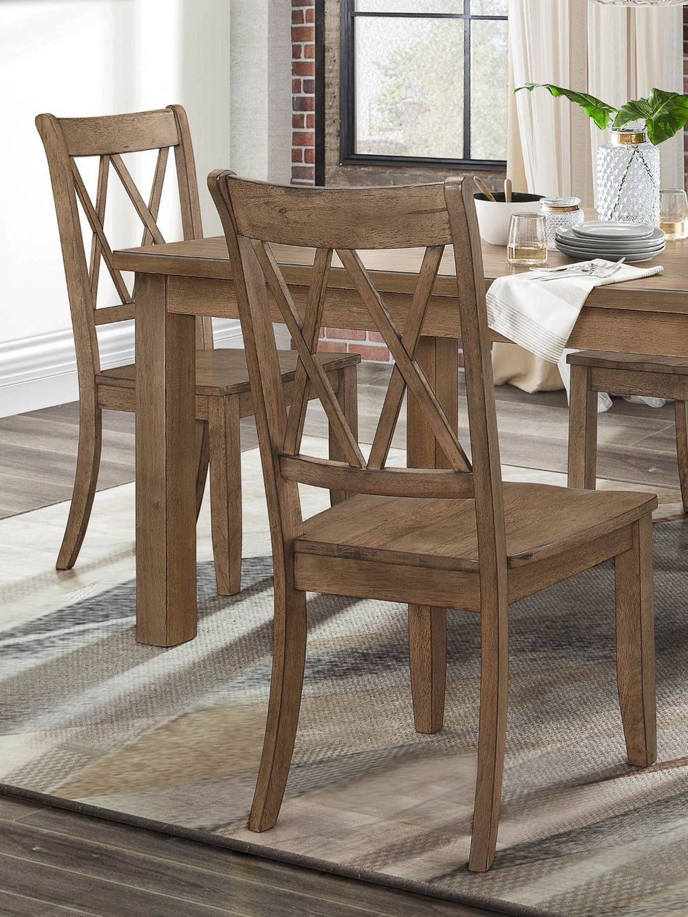 English Elm 5pc Farmhouse Dining Set Pine Veneer Table with Double X Back Chairs for Family Meals B011S01000