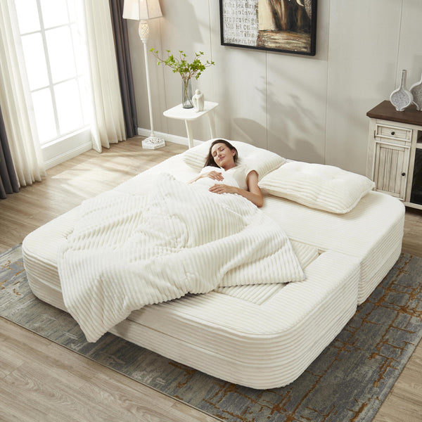 English Elm Multi Functional Sectional Sofa Bed Plush Corduroy Convertible 80" King Sleeper with Chaise, Deep Fluff Beige W3219P339464