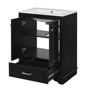 English Elm 24'' Bathroom Vanity with Ceramic Sink Combo Modern Freestanding MDF Cabinet with Soft-Close Doors and Sleek Silver Handles for Spacious Organized Bathroom Storage Black N710P194893B