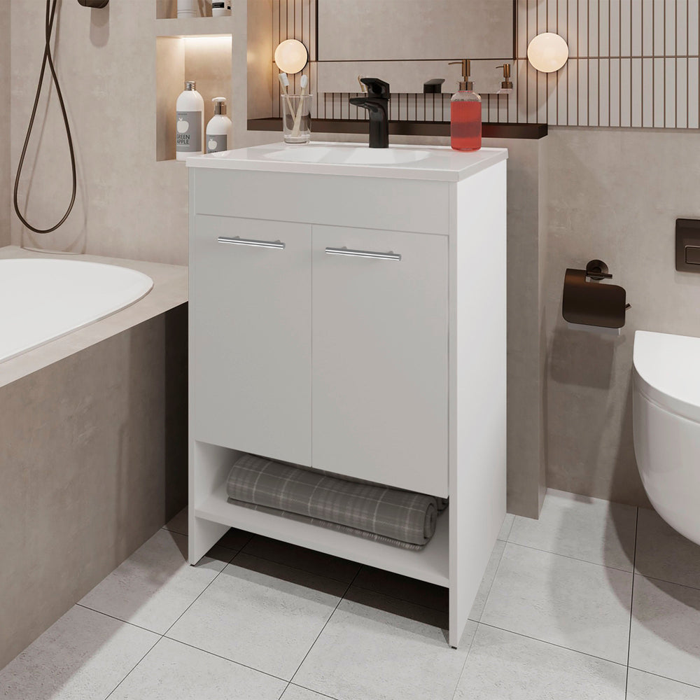 English Elm White 2-Door Bathroom Vanity with Open Shelves, Bright White Finish, Modern Clean Look for Small Spaces B062P355531