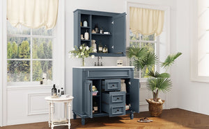 English Elm 36'' Bathroom Vanity with Sink and Mirror Cabinet, Modern MDF & Solid Wood Design, Ceramic Top, Soft-Close Doors Blue SW000115AAC-1