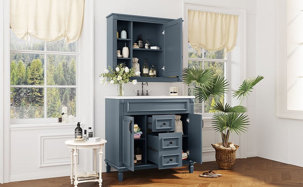 English Elm 36'' Bathroom Vanity with Sink and Mirror Cabinet, Modern MDF & Solid Wood Design, Ceramic Top, Soft-Close Doors Blue SW000115AAC-1
