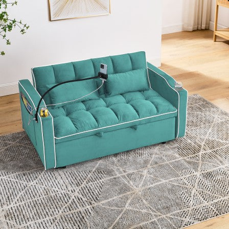 English Elm 55.51 versatile foldable sofa bed 3-lengths velvet loveseat to full bed with USB port, ashtray, swivel stand (Green) W2353P232226