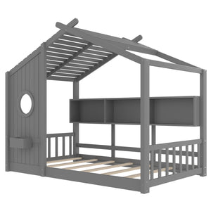 English Elm Twin House Floor Bed for Kids Montessori Playhouse with Roof, Built-In Shelf, Sturdy Pine Frame, Safeologna Gray 78.6 L x 16.6 W x 6.85 H N733P335064E
