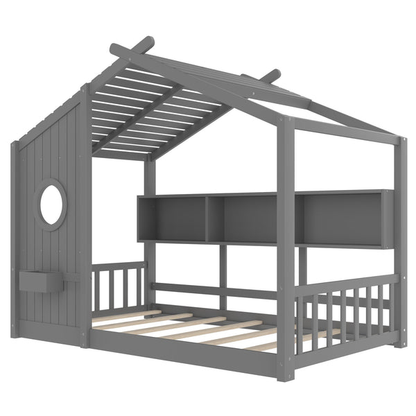 English Elm Twin House Floor Bed for Kids Montessori Playhouse with Roof, Built-In Shelf, Sturdy Pine Frame, Safeologna Gray 78.6 L x 16.6 W x 6.85 H N733P335064E