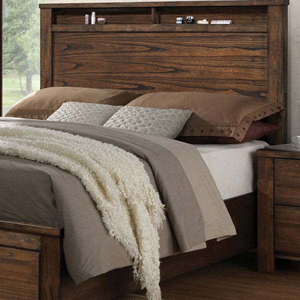 English Elm Oak Queen Bed with Low-Profile Storage Footboard, Panel Headboard Shelf & Casegood Drawer, No Box Spring Needed B062S00536