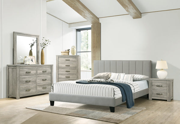 English Elm 1pc California King Bedframe in Gray Vertical Tufted Polyfiber Headboard, Slat Support, Modern Elegance B011P243674
