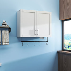 English Elm Bathroom Wall Cabinet with Adjustable Shelf, Towel Bar, 5 Hooks, Space-Saving Over-Toilet Storage, White W331P281277