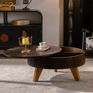 English Elm 31.5" Round Mid-century Coffee Table with Lower Shelf Solid Wood Legs and Mdf Top Brown W757P370297