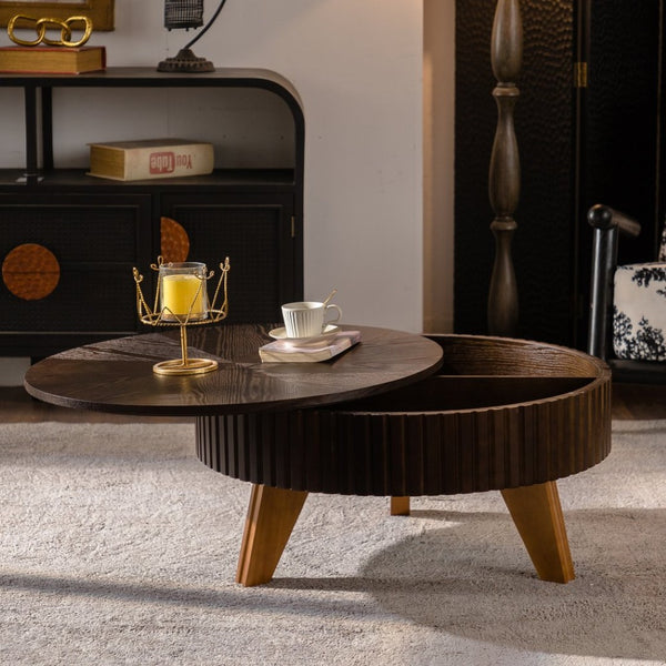 English Elm 31.5" Round Mid-century Coffee Table with Lower Shelf Solid Wood Legs and Mdf Top Brown W757P370297