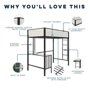 English Elm Axel Twin Loft Bed with Desk, Shelves & Mesh Guardrails — Space-Saving Metal Frame for Kids Teens Dorms B2733P358857