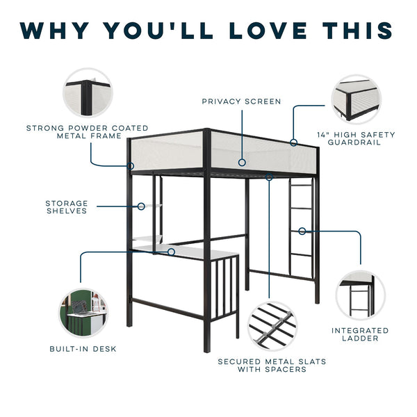English Elm Axel Twin Loft Bed with Desk, Shelves & Mesh Guardrails — Space-Saving Metal Frame for Kids Teens Dorms B2733P358857