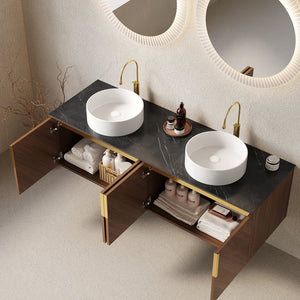 English Elm ARAI 60" Bathroom Vanity with Dual Ceramic Vessel Sinks, Sintered Stone Top, Plywood Storage Cabinet with Soft-Close Doors and Brushed Gold Handles Black,Brown Oak,White W2615S00159